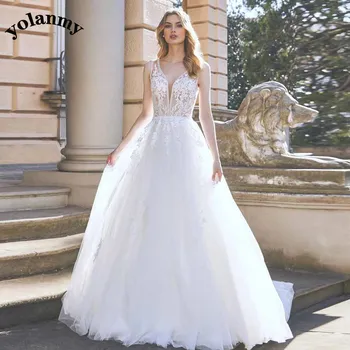 YOLANMY Елегантни сватбени рокли трапецовидна форма, без ръкави, с овална складкой Официална сватбена рокля Vestidos De Новия персонализирани за жени