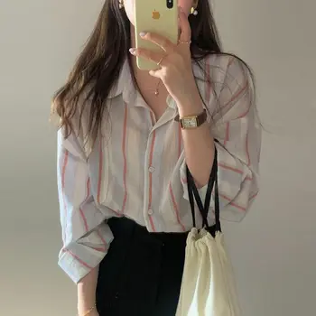Deeptown/ дамски блузи на райета, ежедневни елегантни и младежки корейски модерен шик офис ризи, реколта блузи с дълъг ръкав оверсайз