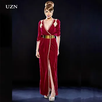 UZN, секси сафьяновый кафтан с V-образно деколте, вечерни рокли с къс ръкав, рокля на Русалка за бала, бархатное вечерна рокля в Дубай