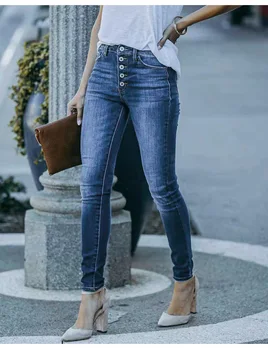2022 г.; Нови тъмно сини дънки, копчета със средна талия за жени; модни плътно прилепнали дънкови панталони-молив с висока еластичност; градинска ежедневни облекла S-2XL
