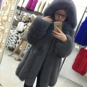 Палта от естествен лисьего кожа, нова марка, дамски топло модерно палто, с качулка от лисьего кожа