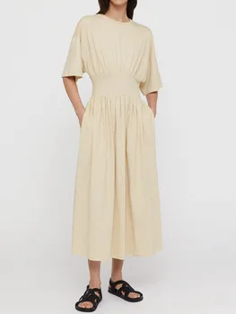 3 Цвята, женски халат за баня с къс ръкав памук прост плиссированный, 2023, пролетно-лятно женствена рокля до средата на прасците