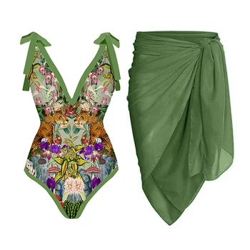 Ретро цял бански с дълбоко V-образно деколте, зелени бански костюми с принтом, плажен бански с пясък, луксозно бикини, лятна плажно облекло 2023