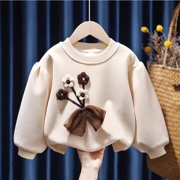 Корейски пролетно-есенния памук монофонични модерен пуловер с цветя, градинска дрехи с дълъг ръкав за деца, момичета, от 2 до 8 години