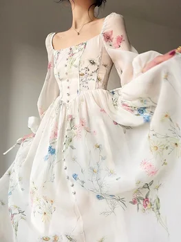 Рокля с френско принтом, винтажное рокля с квадратна яка, пролетно-лятното модно рокля с дълъг ръкав за жени, елегантна хубава рокля midi за почивка