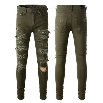 Мъжки издържат дънкови панталони Ежедневни градинска дрехи Скъсани стегнати дънки с повредени дупки, растягивающиеся, разрушени, армейски зелен едро