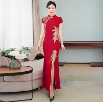 Традиционно китайското винтажное женствена рокля Чонсам с бродерия, лятно червено Чипао
