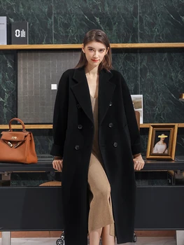 2023 ново есенно-зимния утолщенное двустранно кашемировое палто, женски вълнена черна козина средната и дългата дължина от висококачествена вълна