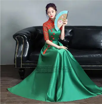 Китайските ориенталски рокли Зелено дантелено рокля Чонсам Винтажное дамско дълго сценично да се усъвършенстват Chipao