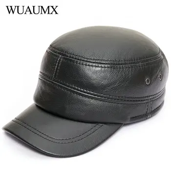 Wuaumx Военни шапки от естествена телешка кожа, за мъже, есенно-зимна мъжка шапка от телешка кожа, с капак за уши, бейзболни шапки от естествена телешка кожа, с плосък покрив