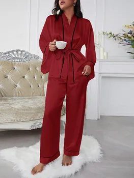 2023 Удобен нов дамски подарък за Свети Валентин, сатен пижама с изгорени ръкави, комплект за комфортен сън