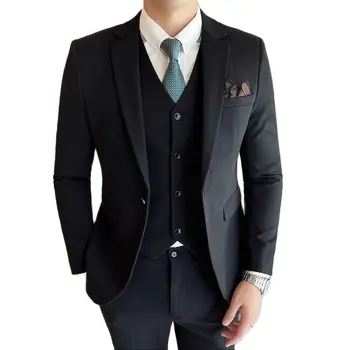 Есен и зима, нов мъжки обикновен бизнес бизнес костюм, комплект от 3 теми, черно/сиво приталенное рокля, мъжко сако и панталон с елек