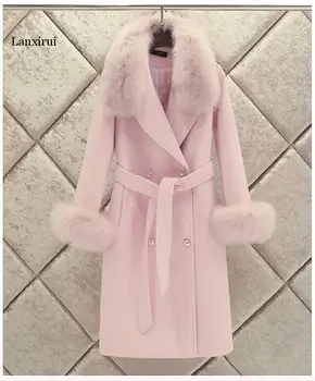 Ново зимно дамско палто, вълнена с подвижна голям кожа яка вълна палто голям размер дамско дълго свободно вълна палто с качулка