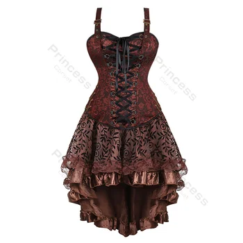 Корсетное рокля в стил steampunk, големи размери, корсет за бурлескного костюм, регулируеми презрамки с висока пола, пират корсетные рокли кафяв цвят