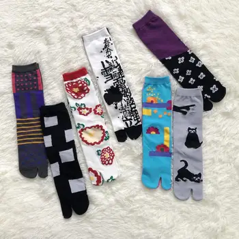 Японски Harajuku Чесаный Памук Чорап Täby, Дамски Модни Жакард Чорапи С две чорапи, Cartoony Котка, Геометрията на Цветето, Забавен Чорап С Прерязано