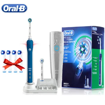 Oral B 3D умна електрическа четка за зъби Pro4000, сензор за налягане, таймер, трайна батерия, четка за зъби, 4 сменяеми дюзи за подарък