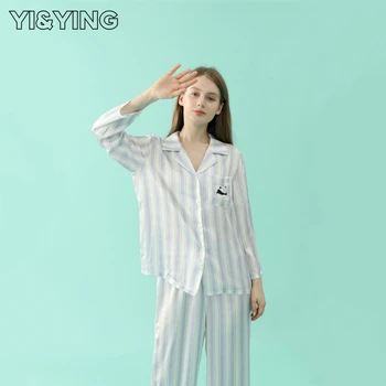 [YI & YING] 2023 Пролет-Есен Нова Пижама от изкуствена коприна, Дамски Пижами с дълъг ръкав, Комплект за домашно костюм Може да бъде носен YA2C052 (Bl