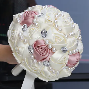 Модерен булчински букет от 2021 г. за булката, панделки, перли, кристали, елегантен сватбен цвят, ново записване за сватбата на поръчка