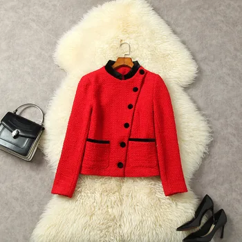 Новата европейска и американска дамски дрехи за зимата 2022, однобортное червено модно твидовое палто с дълъг ръкав и яка-часова