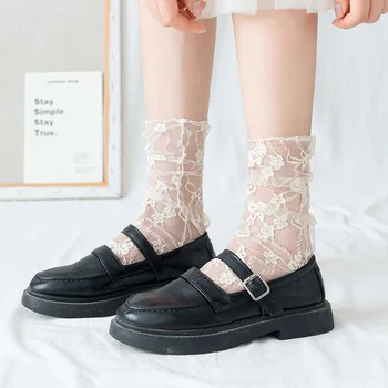 Дамски JK Lolita Y2k, модни кавайные сладки реколтата, къси чорапи до глезените, летни тънки мрежести дантела и прозрачни бели пухкави дълги чорапи