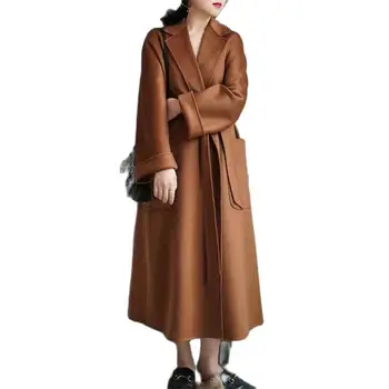 Дамско палто ръчно изработени Hepburn с накъдрена водна ромолящи, двустранно кашемировое палто, вълнена дълга вълнена яке, палто в стил на халат