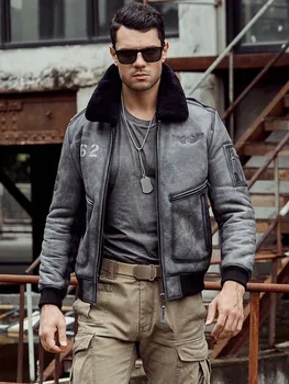 Новост 2020 г.; дубленка; мъжко яке-бомбер B6; сиво кожени палта от естествена кожа овча кожа; връхни дрехи