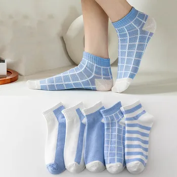 5 чифта нови женски етажа чорапи с герои от анимационни филми, пролетни ежедневни чорапи от полиестер и памук, дамски чорапи в синя клетка в стил колеж