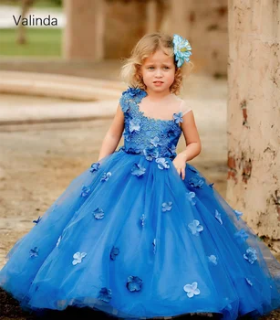 Синя бална рокля, рокля с цветя модел за момичета за рожден ден, сватба, червения килим, официално облекло, детски дрехи
