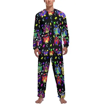 Пижама с принтом сови, есенни звезди и Луната, мъжки пижами с дълъг ръкав, комплект от две части, пролетен дизайн, пижамный комплект, идея за подарък