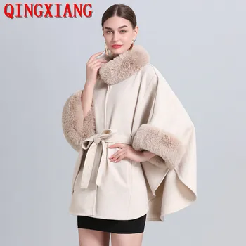 5 цвята, 2022, зимно дамско вълнена пончо от изкуствена кожа заек, модерен колан, градинска дрехи, палто с ръкави 