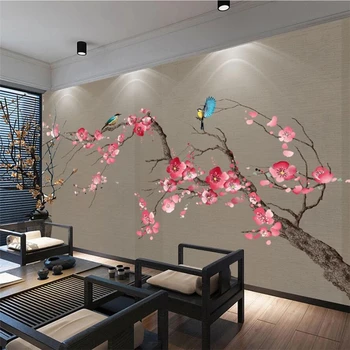 beibehang Потребителски тапети 3d стенописи нова китайска ръчно рисувани дръжка красива поезия цвете сливи птица разтегателен фон тапети
