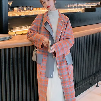 Нова корейската мода Свободно винтажное темпераментное вълна палто оранжевото клетчатое дълго палто дамско Яке есенно-зимни ветровка 2021