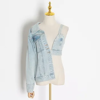 Пролет 2023, деним яке, луксозно дамско асиметрично джинсовое палто в стил мозайка с дълъг ръкав, отворени рамене, V-образно деколте, секси блузи, дамска мода