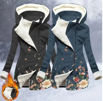 2023 Есенно-зимния ново дамско меховое палто със средна дължина, с качулка и принтом пеперуди