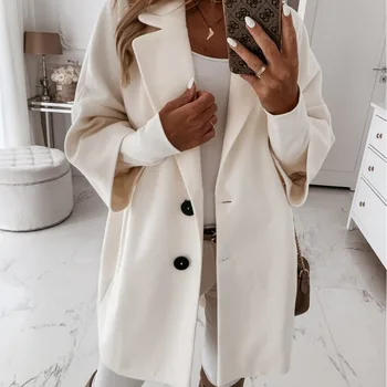 Есенно-зимно палто дамско однотонное, безплатно, однобортное, с джобове копчета, модно, ежедневното, дълго палто с ръкави, 4 цвята