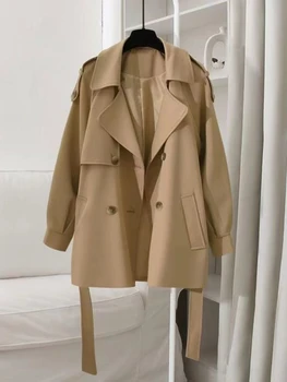 Палто дамско Пролет-есен 2023, нова ежедневни свободна ветровка, модни ред, кратко тенденция палто с джобове цвят каки, градинска облекло (M-4XL)