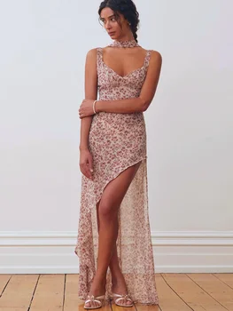 HOUZHOU Секси елегантна макси рокля за жените 2023 Лятна рокля с флорални принтом, без ръкави, с отворен гръб, с намаляване на неправилна височина, прилепнали рокли