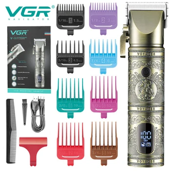 VGR Машина за подстригване на коса с професионална машина за рязане на коса, акумулаторна машина за рязане, ретро метален издълбани корпус, тример за мъже, led V-697