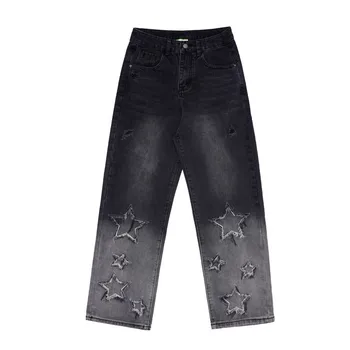 Дънки с градиентной бродерия в формата на звезда, выстиранные дънки, мъжки улични тенденция на преки свободни панталони, маркови ежедневни широки панталони, широки дънки