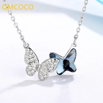 QMCOCO Сребърен цветно бельо просто колие с окачване, модерно колие с пеперуда от син цирконий за жени, бижута украса