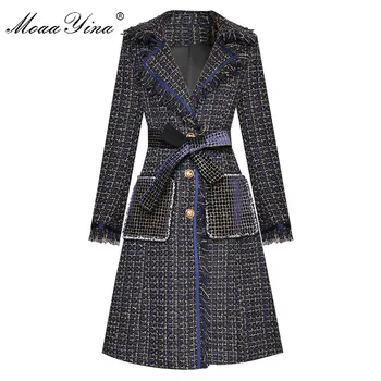 MoaaYina/ модни дизайнерски ветровка от вълнен плат, есен женски однобортное клетчатое палто с дълги ръкави и пискюли